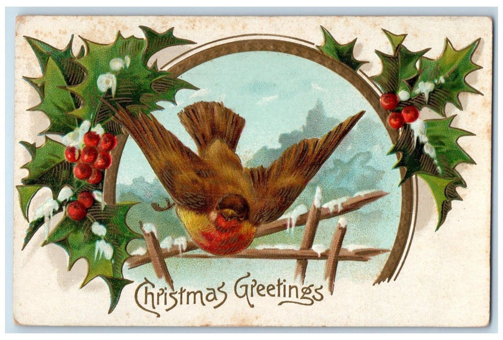 1910 Christmas Greetings Holly Berries Bird Winter Titusville PA Posted Postcard