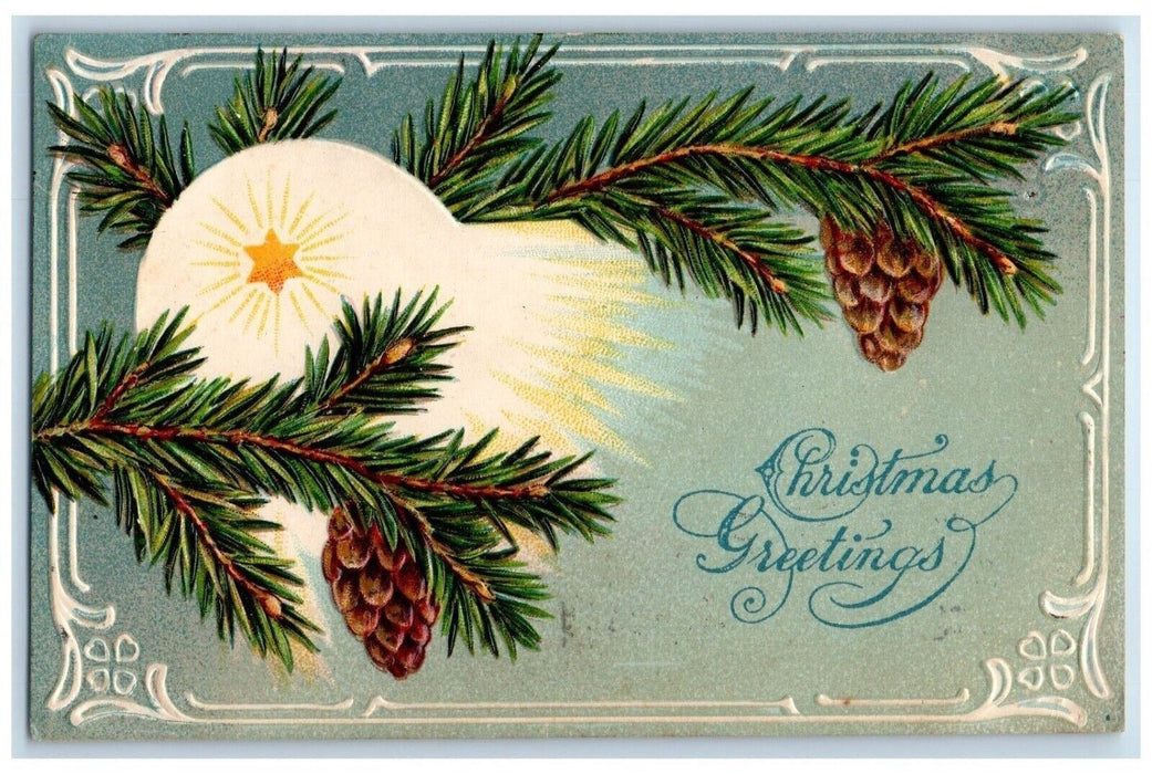 1907 Christmas Greetings Pine Cone Star Embossed Posted Antique Postcard