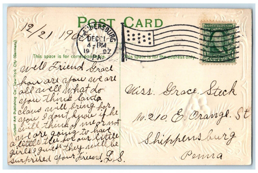 1907 Christmas Greetings Pine Cone Star Embossed Posted Antique Postcard