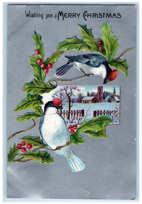 1908 Christmas Birds Holly Berries House Winter Embossed Waynesboro PA Postcard
