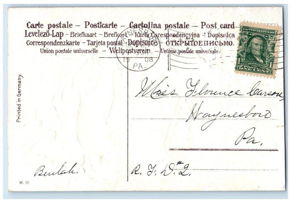 1908 Christmas Birds Holly Berries House Winter Embossed Waynesboro PA Postcard