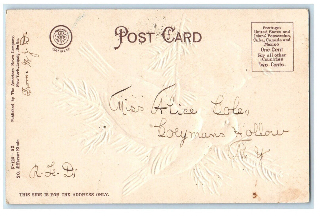 c1905 Christmas Song Birds Pine Leaf Snowfalls Winter Embossed Antique Postcard