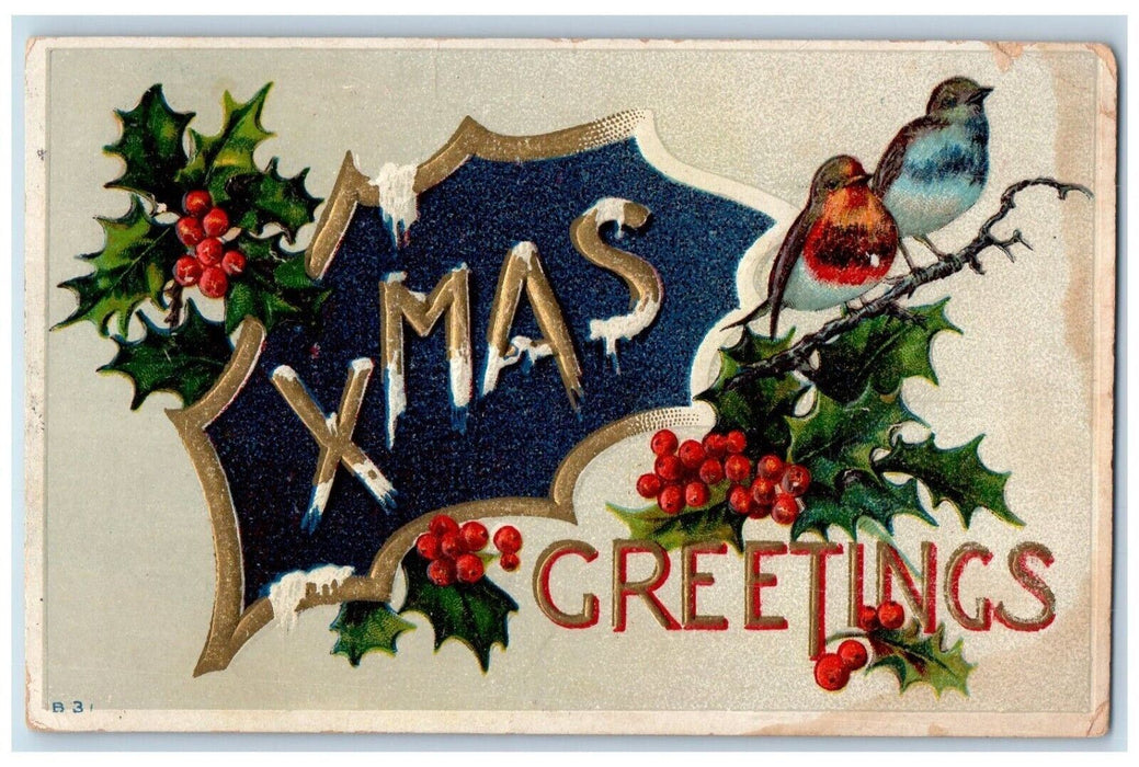 1911 Christmas Greetings Song Birds Holly Berries Embossed Antique Postcard