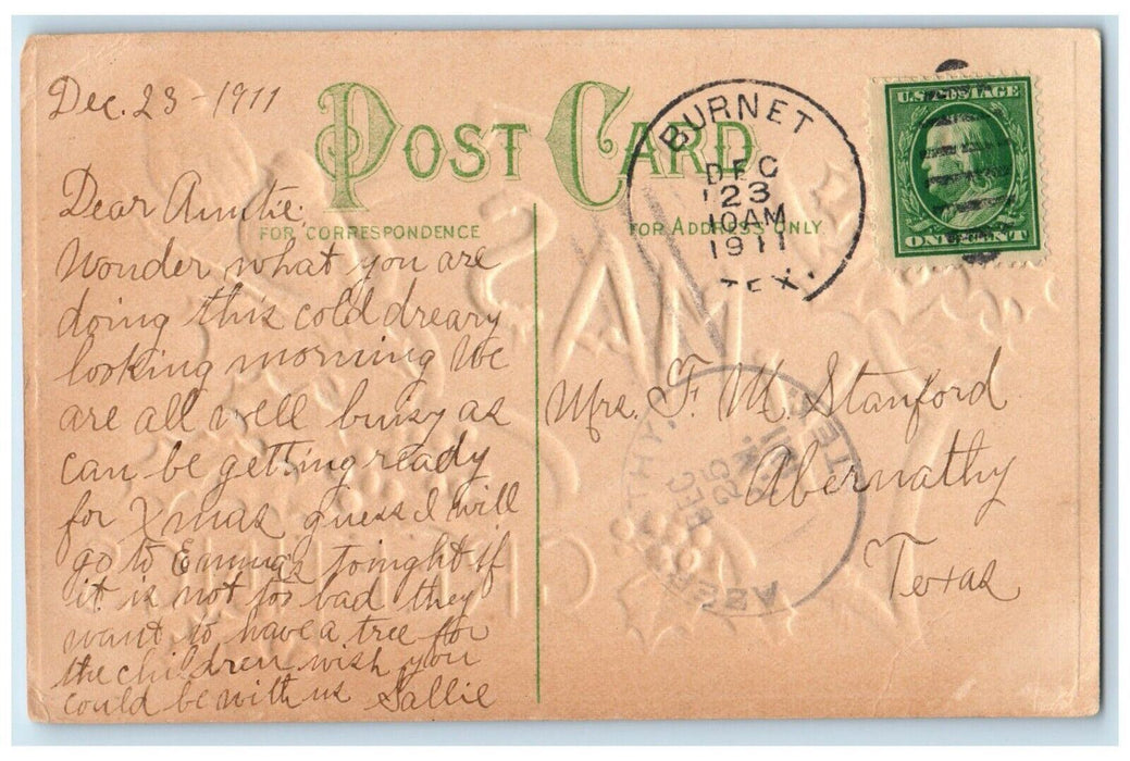 1911 Christmas Greetings Song Birds Holly Berries Embossed Antique Postcard