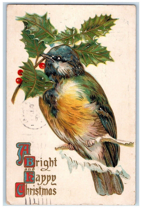 1911 Christmas Song Bird Holly Berries Winter Embossed Findlay Ohio OH Postcard