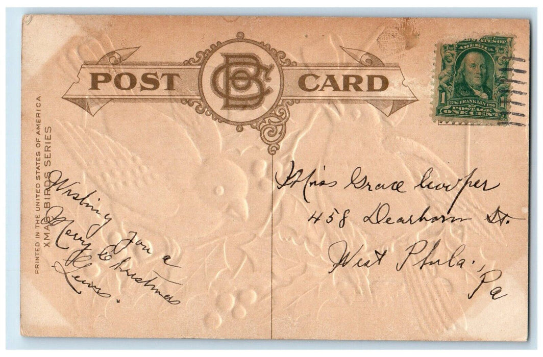 c1910's Christmas Song Birds Holly Berries Blue Ribbon Bamforth Antique Postcard
