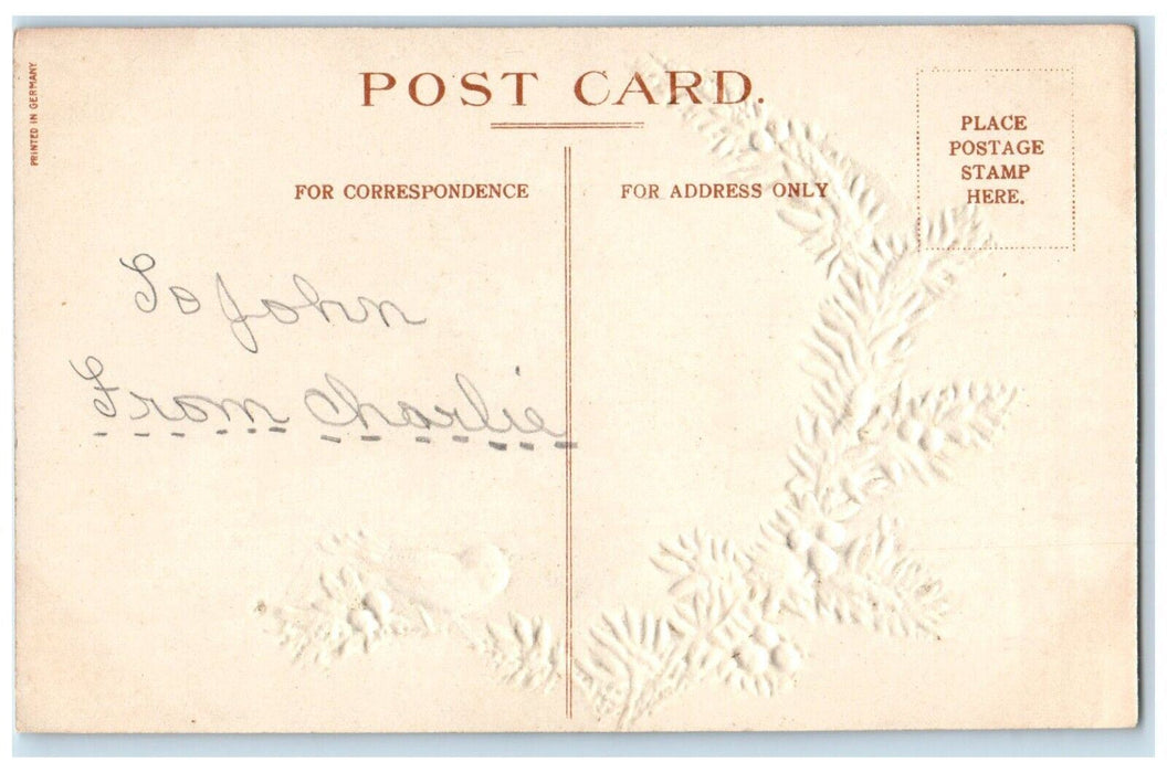 c1910's Christmas Song Bird Berries House Winter Embossed Antique Postcard