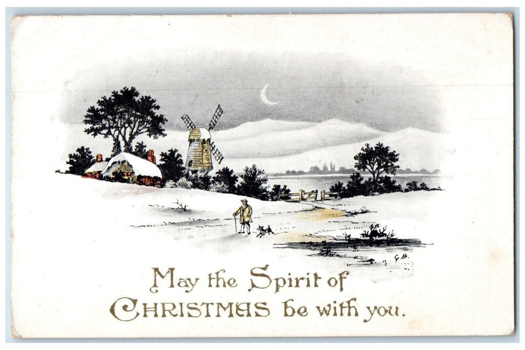 c1910's Christmas Man And Dog House Winmill Winter Crescent Moon Postcard