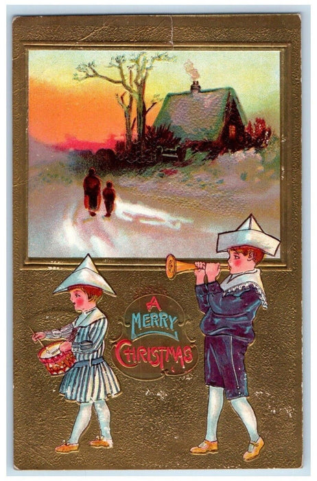 1909 Merry Christmas Children Flute And Drum Winter House Chimney Postcard