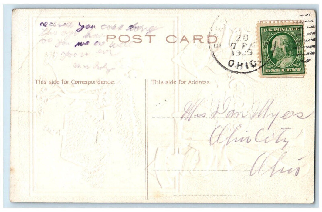 1909 Merry Christmas Children Flute And Drum Winter House Chimney Postcard