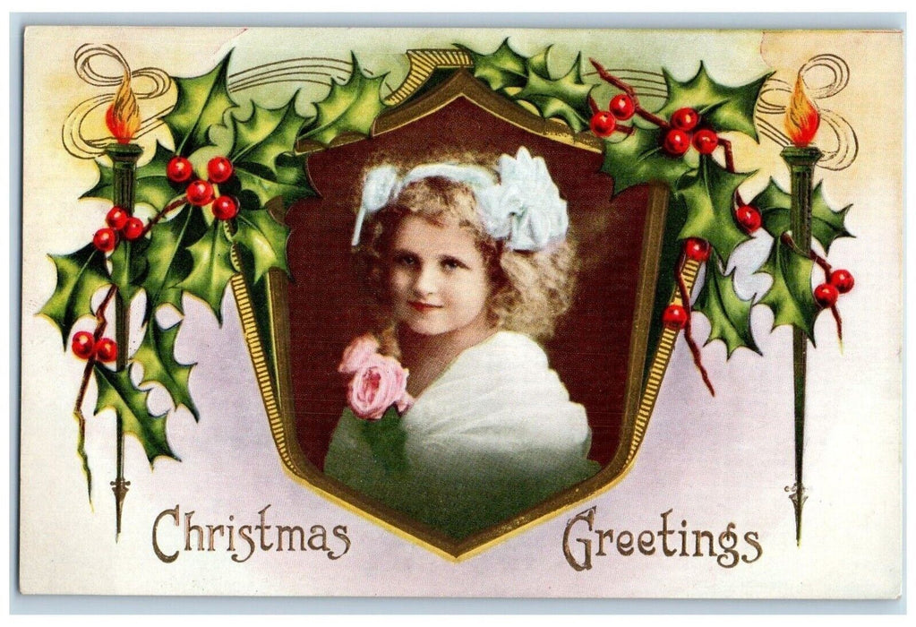 c1905 Christmas Greetings Girl With Flowers Holly Berries Embossed Postcard