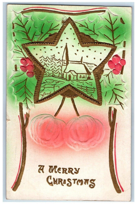 c1910's Christmas Star Holly Berries Airbrushed Embossed Posted Antique Postcard