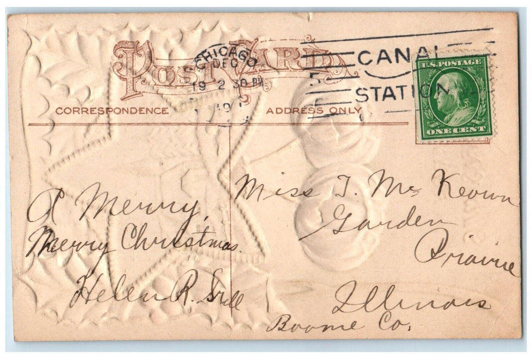 c1910's Christmas Star Holly Berries Airbrushed Embossed Posted Antique Postcard