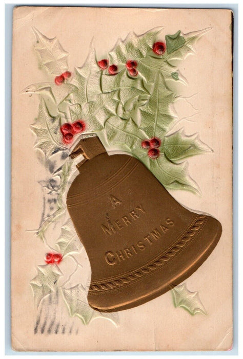 c1910's Christmas Bell And Holly Berries Airbrushed Embossed Antique Postcard