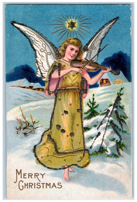 c1910's Merry Christmas Angel Playing Violin Star Winter Pine Tree Postcard