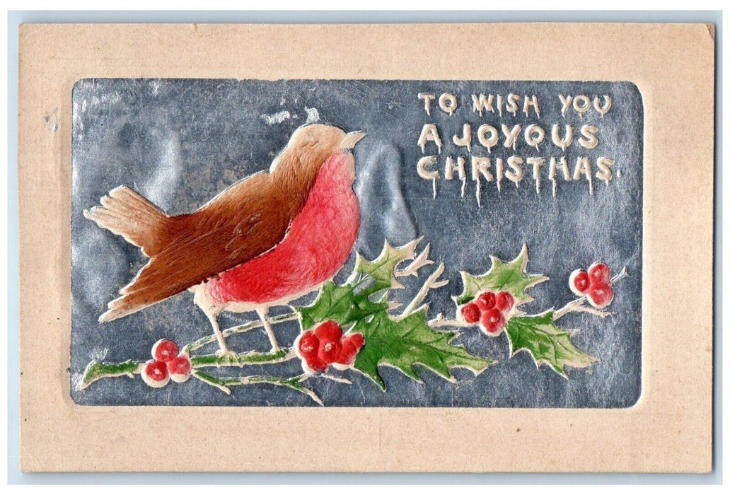 c1910's Christmas Song Bird Holly Berries Airbrushed Embossed Antique Postcard