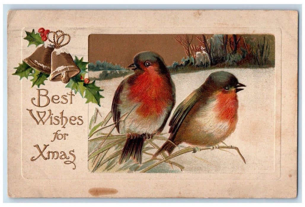 1912 Christmas Song Birds Holly Berries And Bells Embossed Antique Postcard