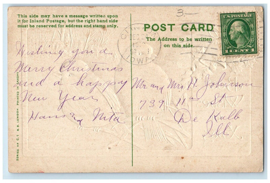 1912 Christmas Song Birds Holly Berries And Bells Embossed Antique Postcard