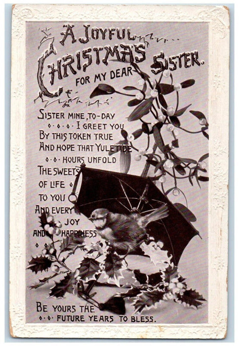 c1910's Christmas Message Bird With Umbrella Mistletoe Embossed Antique Postcard