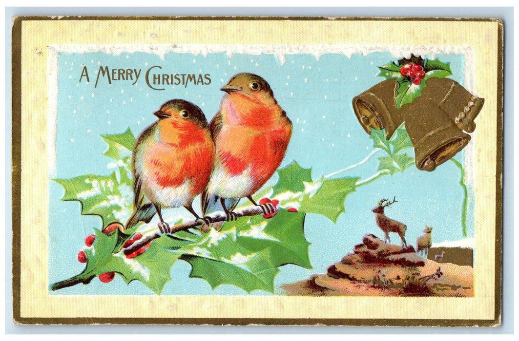1911 Christmas Birds Holly Berries Ringing Bells Deer Snowfall Embossed Postcard