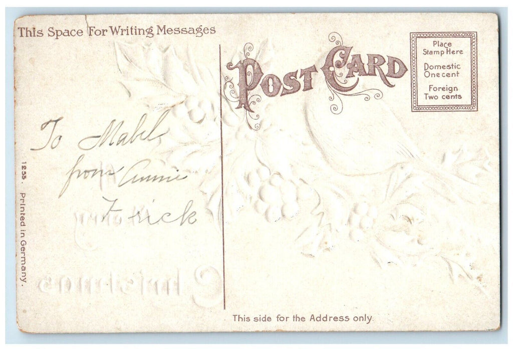 c1910's Christmas Song Bird Holly Berries Embossed Posted Antique Postcard