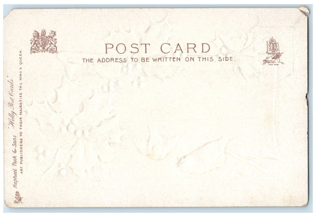 c1905 Christmas Greetings Birds And Holly Berries Embossed Tuck's Postcard