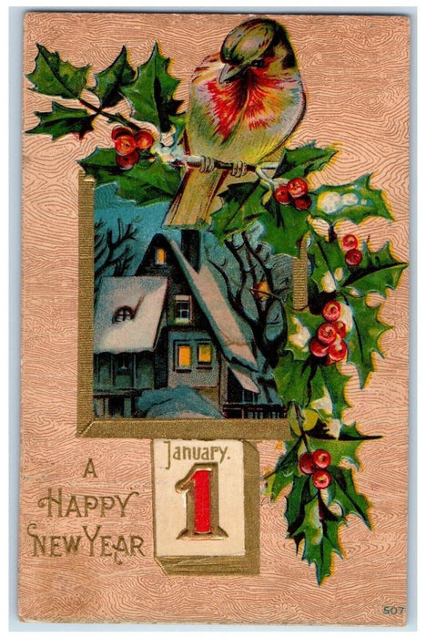 New Year Calendar Bird Holly Berries House Winter Embossed Antique Postcard