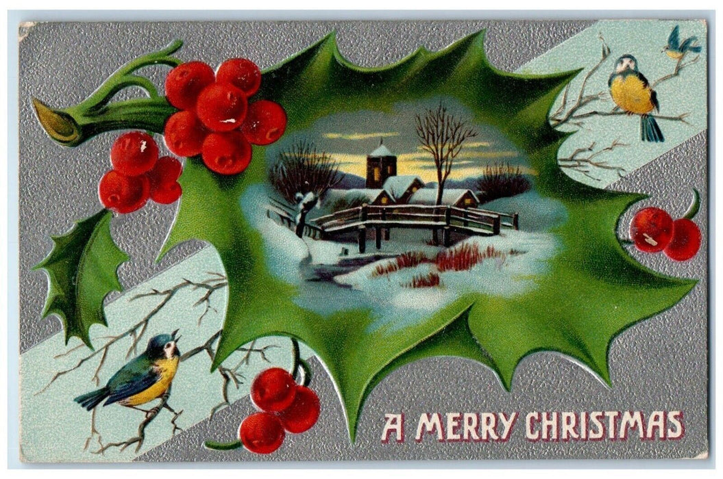 1910 Christmas House Holly Berries Song Birds Winter Embossed Antique Postcard