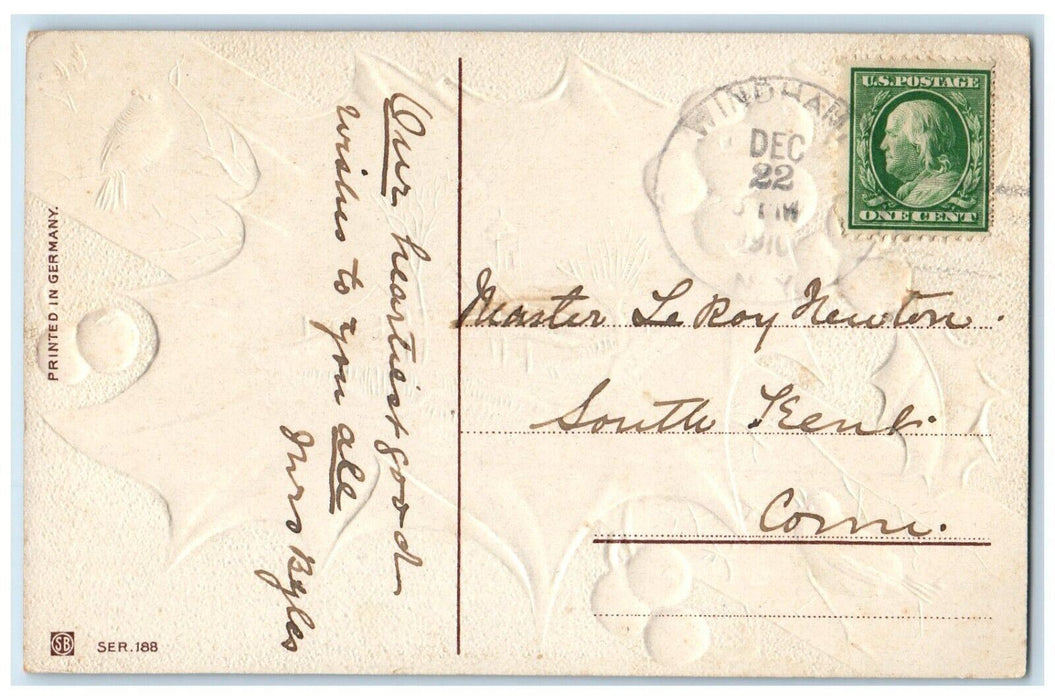 1910 Christmas House Holly Berries Song Birds Winter Embossed Antique Postcard