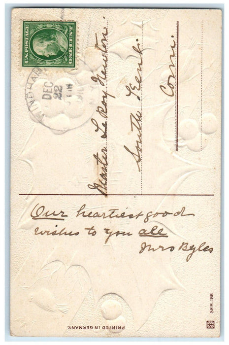 1910 Christmas House Holly Berries Song Birds Winter Embossed Antique Postcard