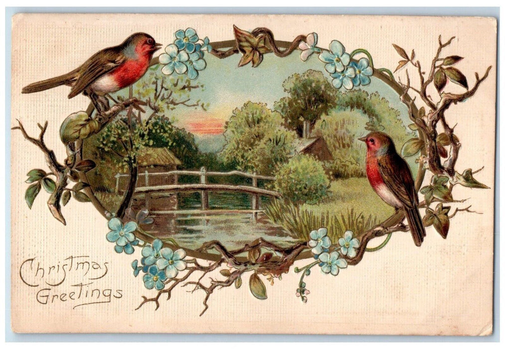 1908 Christmas Greetings Song Birds Pansies Flowers Wooden Bridge River Postcard