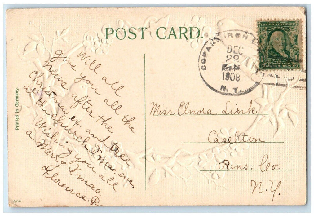 1908 Christmas Greetings Song Birds Pansies Flowers Wooden Bridge River Postcard