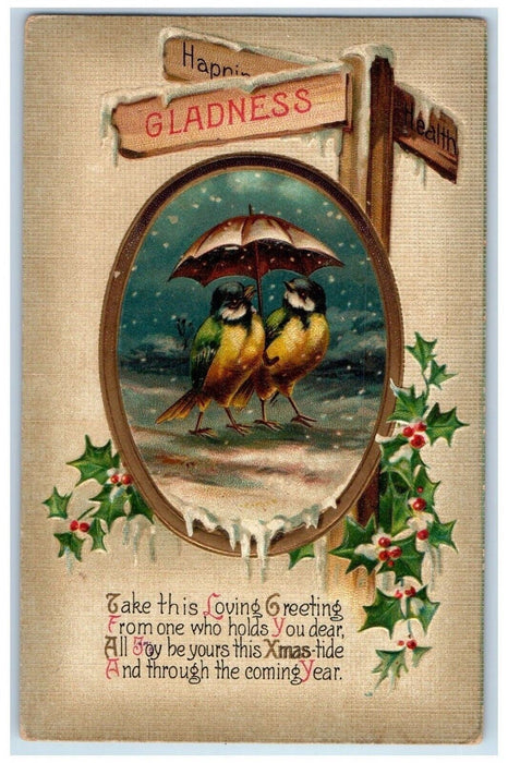 c1910's Christmas Song Birds Umbrella Berries Road Sign Snowfall Winter Postcard