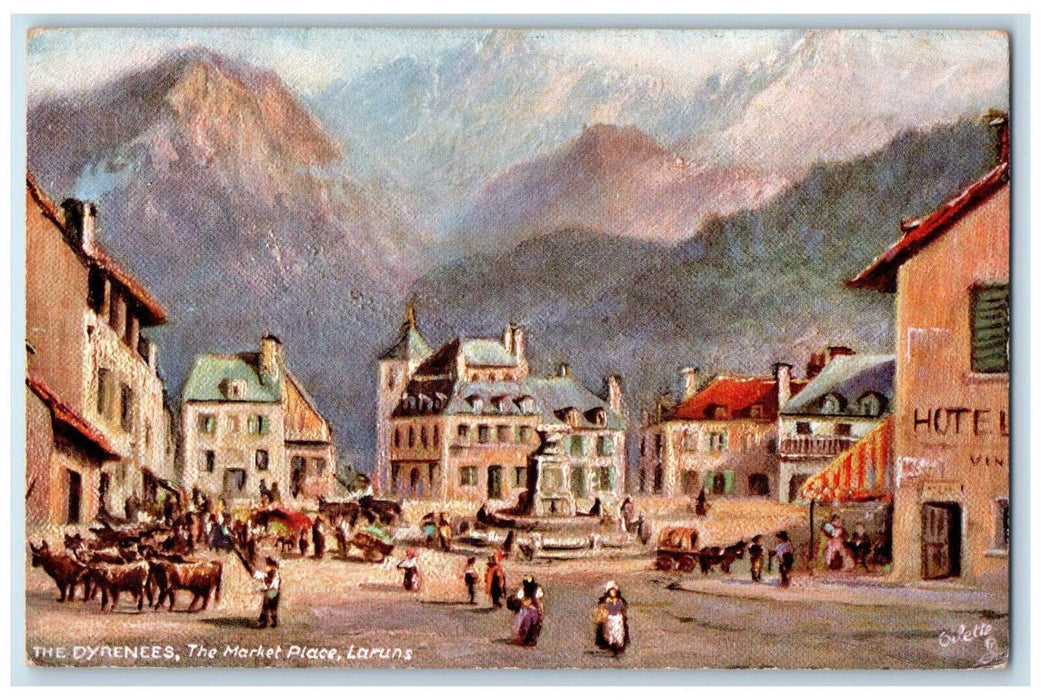 c1910 The Market Place Laruns The Pyrenees France Oilette Tuck Art Postcard