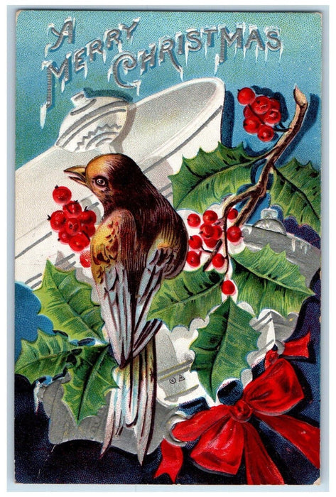 1910 Christmas Song Bird Holly Berries Ringing Bell Winter Towanda PA Postcard