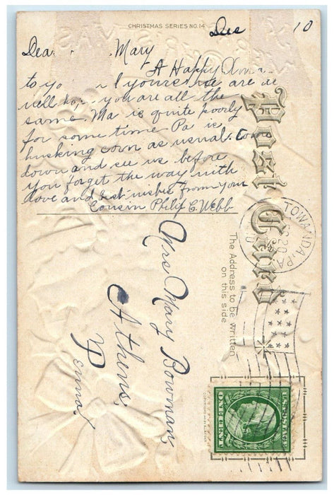 1910 Christmas Song Bird Holly Berries Ringing Bell Winter Towanda PA Postcard