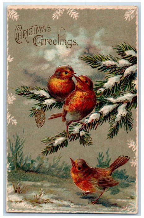 1907 Christmas Greetings Song Birds On Top Of Pine Cone Winter Antique Postcard