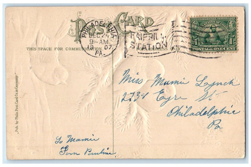 1907 Christmas Greetings Song Birds On Top Of Pine Cone Winter Antique Postcard