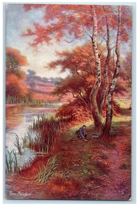 c1910 The Angler Happy England Posted Antique Oilette Tuck Art Postcard