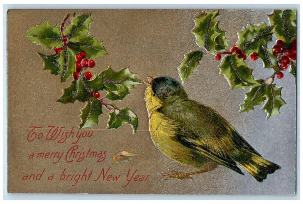 c1910's Christmas Song Bird And Holly Berries Embossed Glitter Antique Postcard