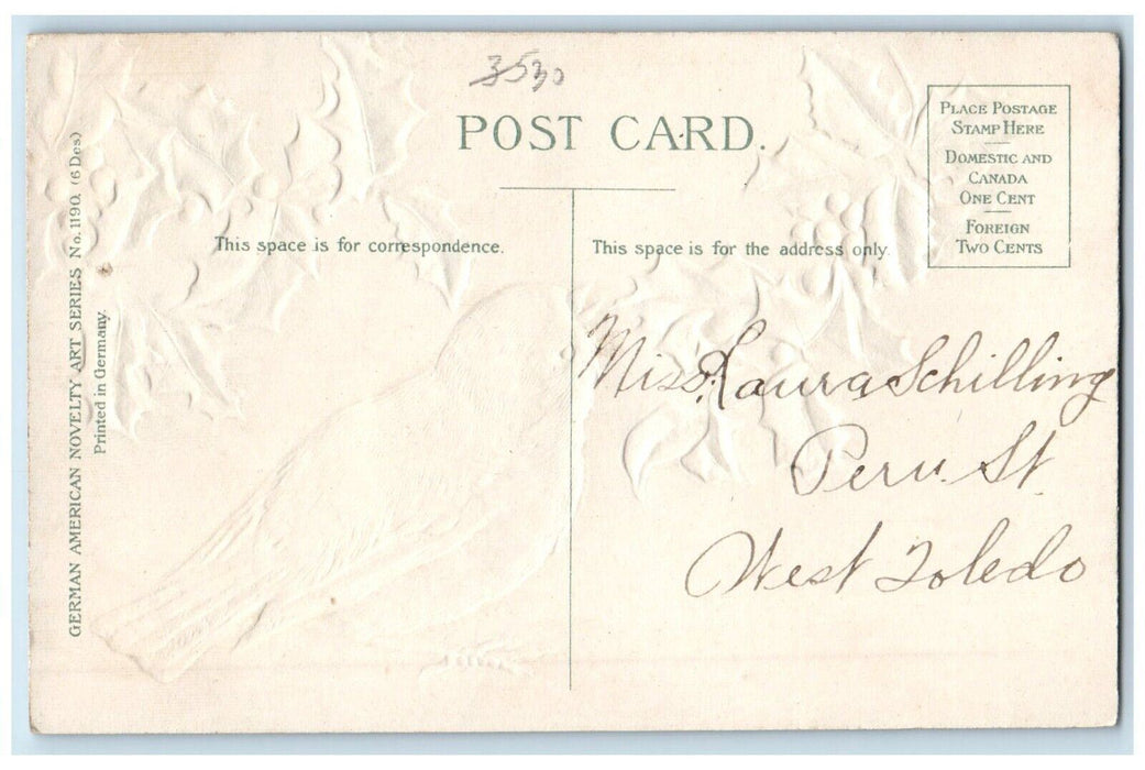 c1910's Christmas Song Bird And Holly Berries Embossed Glitter Antique Postcard