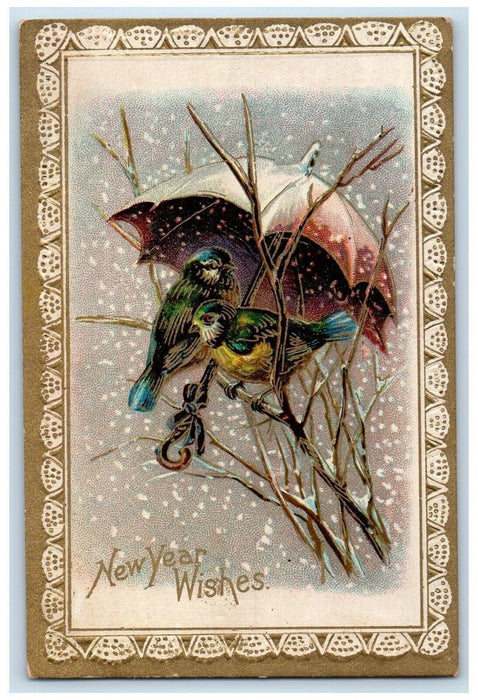 c1910's New Year Wishes Birds With Umbrella Snowfalls Winter Embossed Postcard