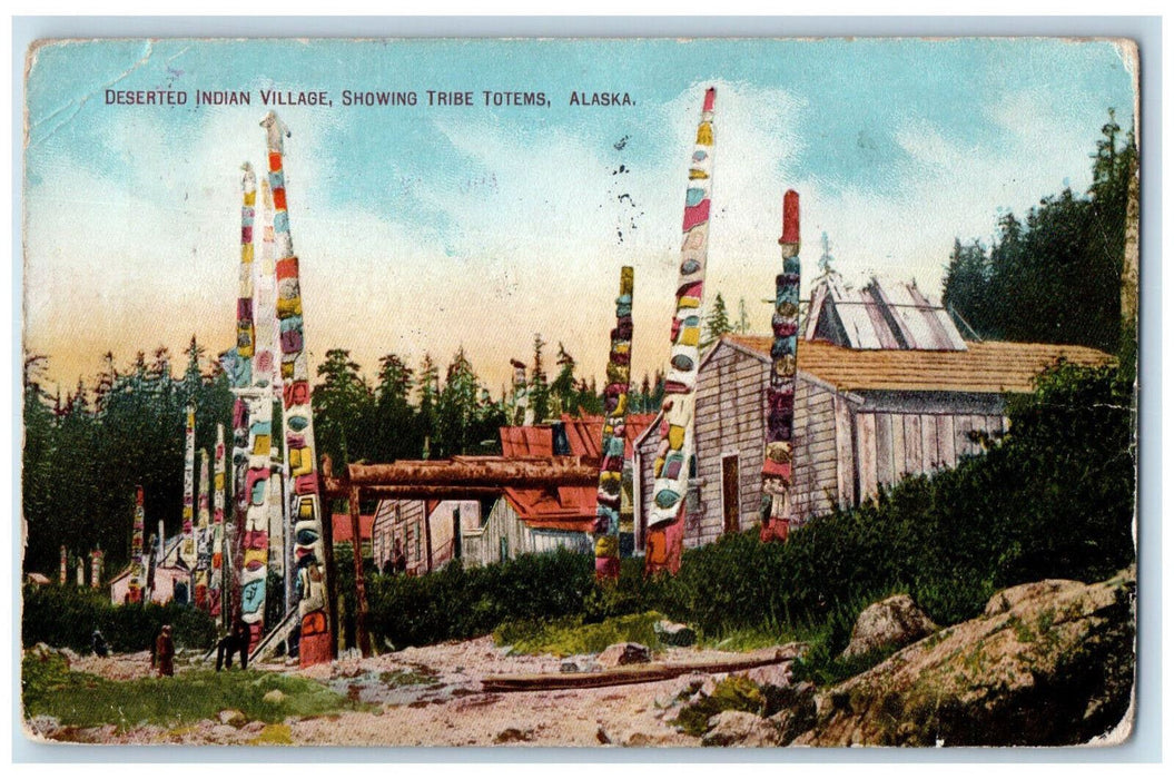 1913 View Of Deserted Indian Village Showing Tribe Totems Alaska AK Postcard