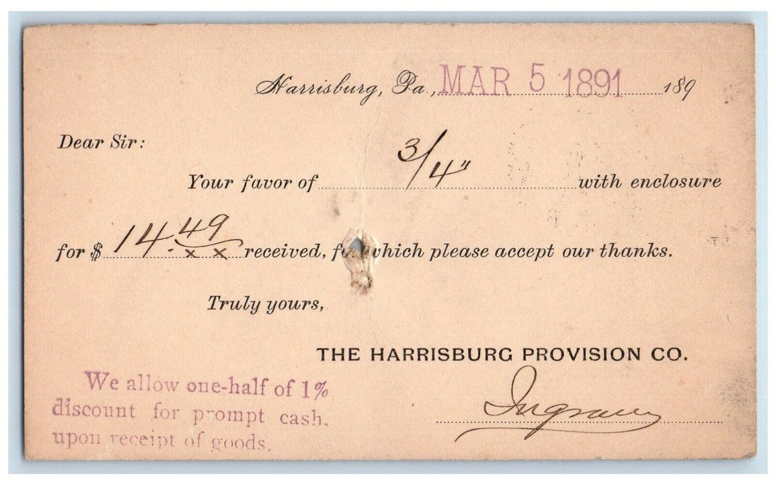 1891 The Harrisburg Provision Co. 1% Discount Harrisburg PA Postal Card