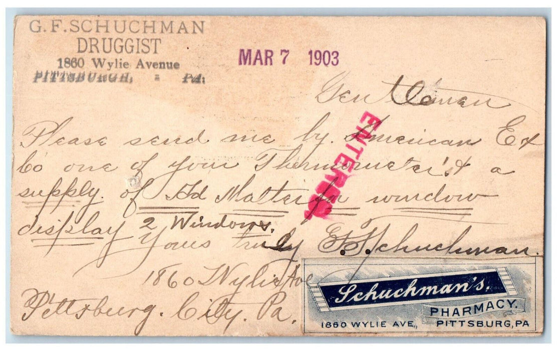 1903 G.F. Schuchman Druggist Pharmacy Pittsburgh Pennsylvania PA Postcard