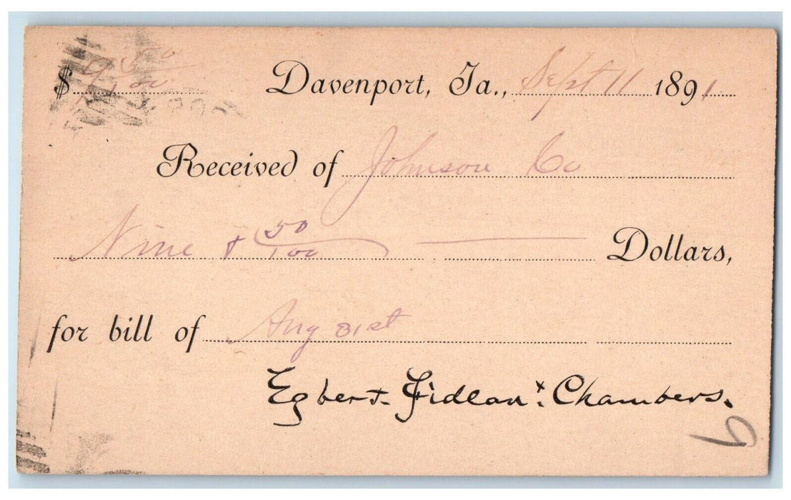 1891 Egbert - Fideau Chambers Davenport Iowa IA Antique Posted Postal Card