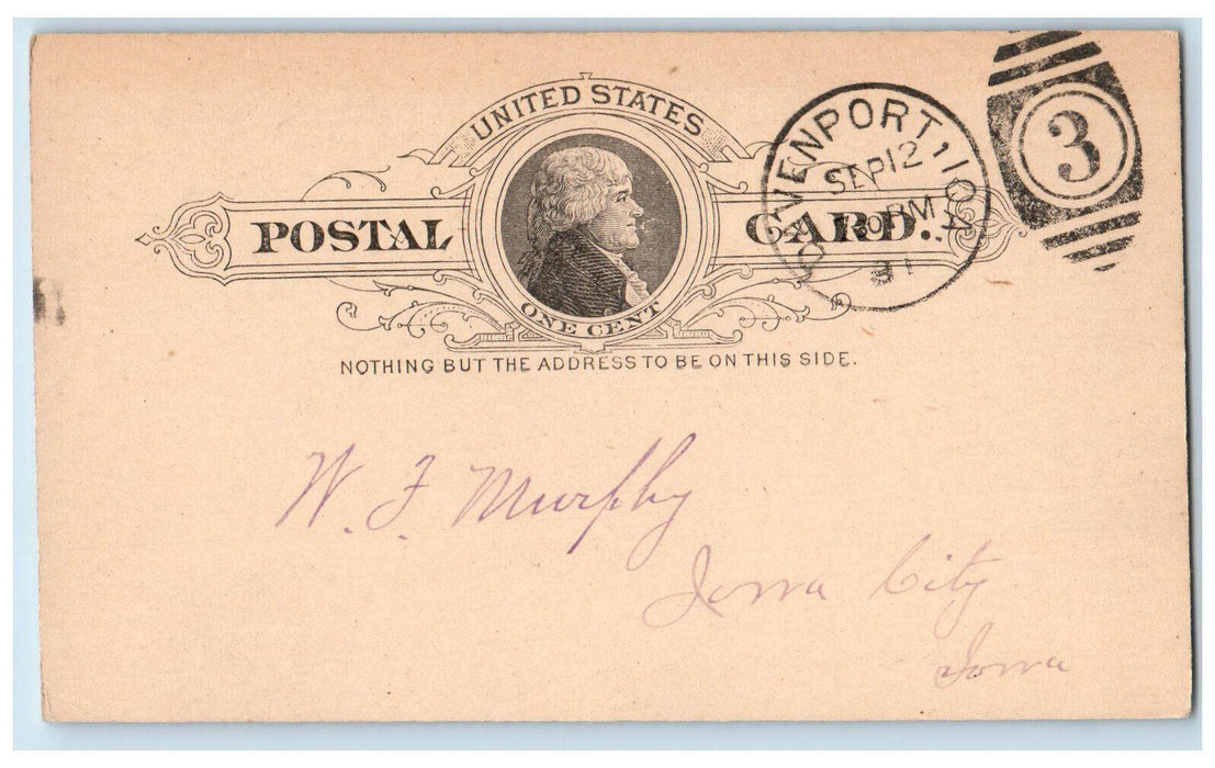 1891 Egbert - Fideau Chambers Davenport Iowa IA Antique Posted Postal Card