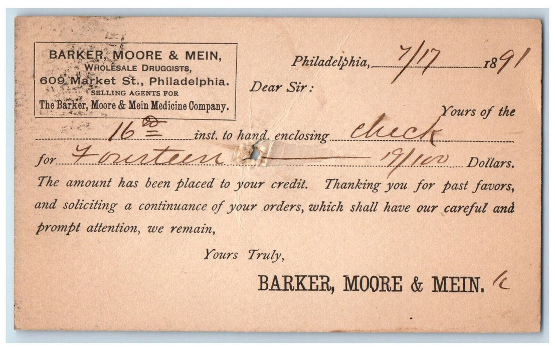 1891 Barker Moore Mein Druggists Pharmacy Philadelphia PA Postal Card