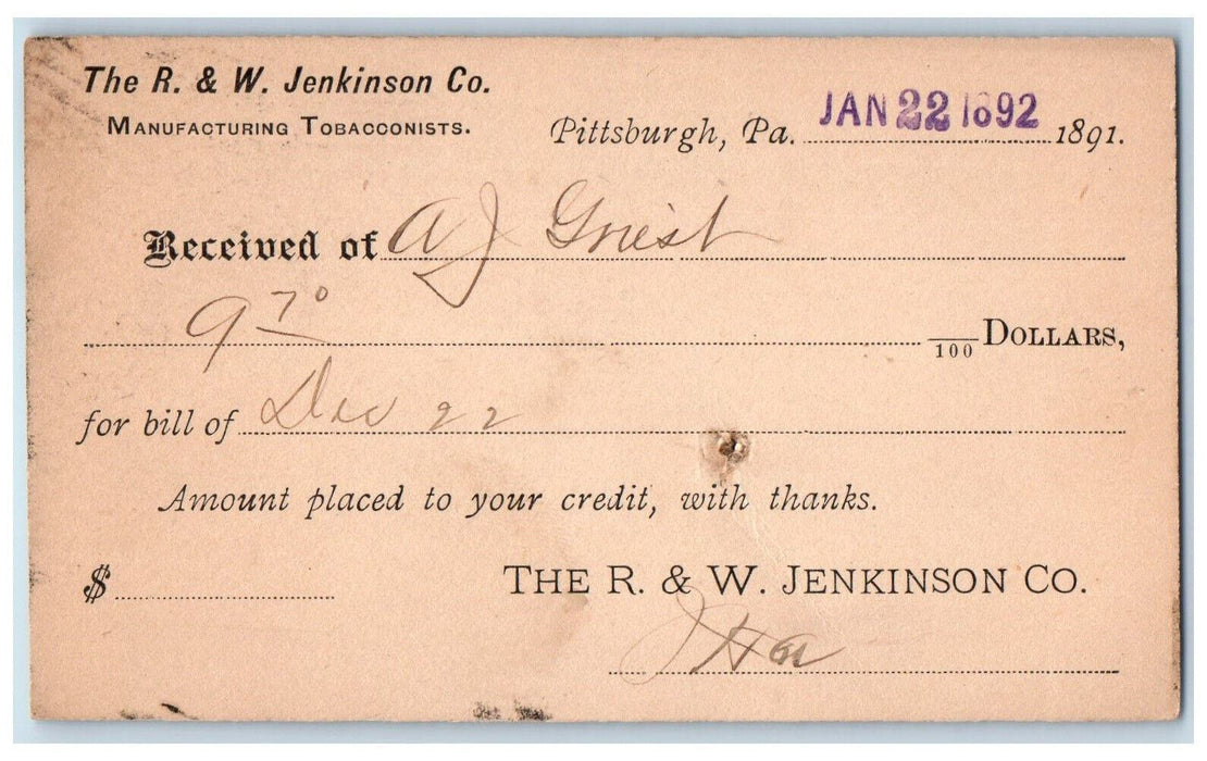 1892 The R & W Jenkinson Co. Pittsburgh Pennsylvania PA Antique Postal Card