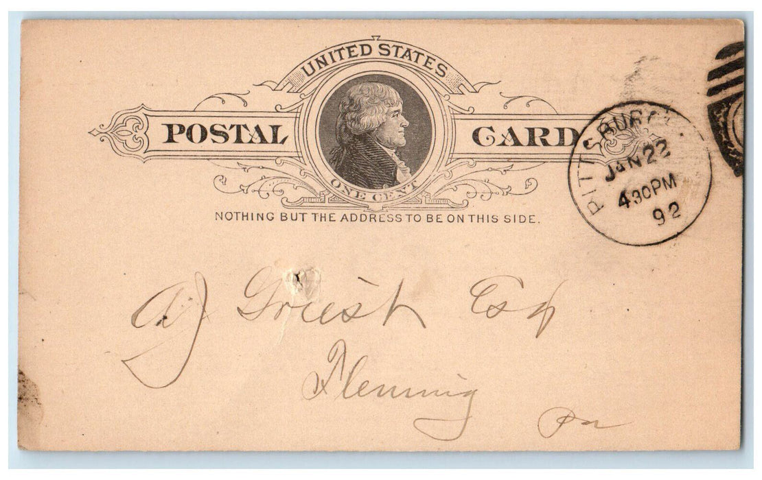 1892 The R & W Jenkinson Co. Pittsburgh Pennsylvania PA Antique Postal Card